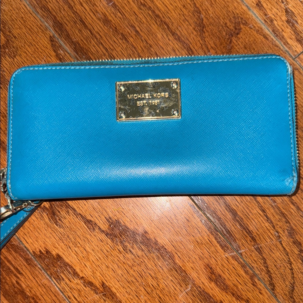 Michael Kors Turquoise Wallet with Gold Accents zip around